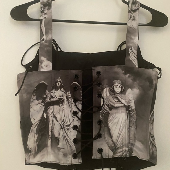 Dolls Kill NWOT Sold Out Women's Black Angel Print Corset Top - Picture 8 of 11